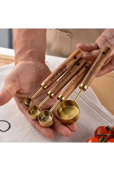 Mucit Home 4 Adet Gold Paslanmaz Çelik Ahşap Saplı Ölçü Kaşığı Seti Ölçü Kabı Küçük ürün görseli 1