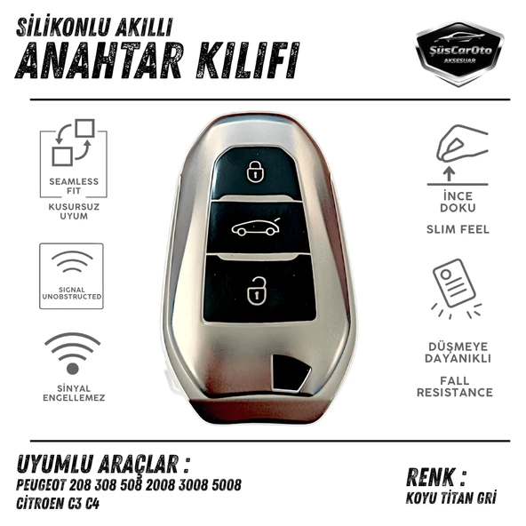Peugeot 208 308 508 2008 3008 5008 Citroen C3 C4 Uyumlu Silikon Anahtar Kılıfı Oto Anahtar Kabı Darbe Emici Anahtarlık Koyu Titan Gri ürün görseli 1
