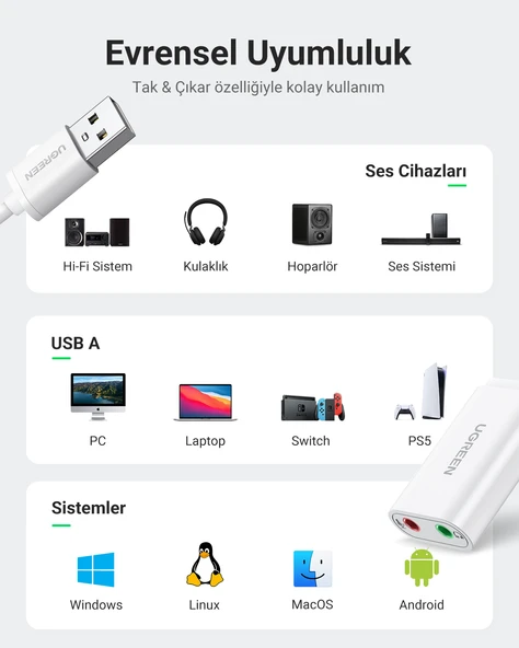 UGREEN USB 2.0 Harici Ses Adaptörü, Beyaz, 30143 - Resim 3