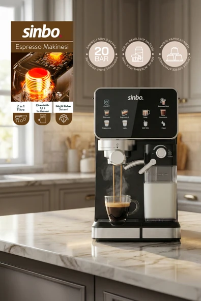 Sinbo Scm‑2995 Pro Kapsüllü & Toz Kahve Espresso Makinesi – 20 bar Basınç, Süt Haznesi, Dokunmatik ürün görseli 1