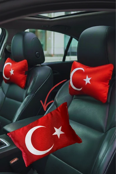 Türk Bayraklı Dijital Baskılı Kırmızı Saten Araç Seyahat Boyun Yastığı 2’li Set ürün görseli 1