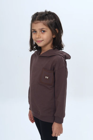 Toontoy Kız Çocuk Relax Fit Kapüşonlu Düşük Omuz Nakışlı Sweatshirt - Cep Detaylı ürün görseli 1