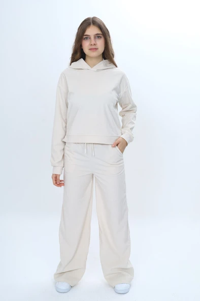 Toontoy Kız Çocuk 2'li Takım Kapüşonlu Düşük Omuz Sweatshirt Bol Paça Cepli Eşofman Altı & Kadife ürün görseli 1