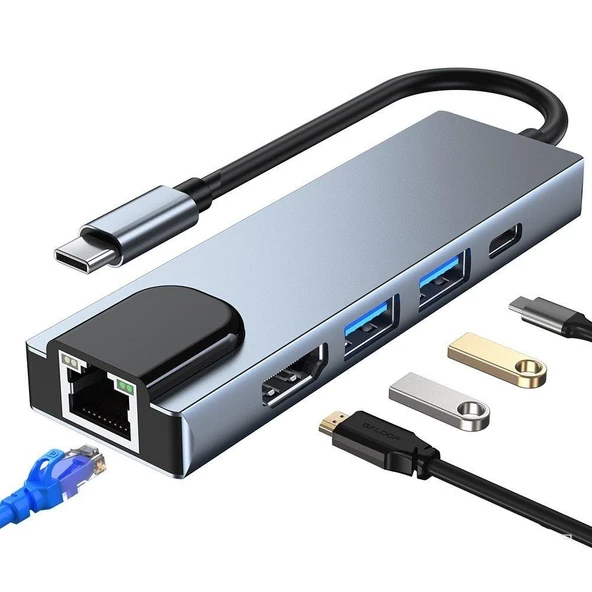 Fuchsia 5in1 Dönüştürücü Hub112 TYPE-C,HDMI,USB3.0,USB2.0,RJ45,PD ürün görseli 1