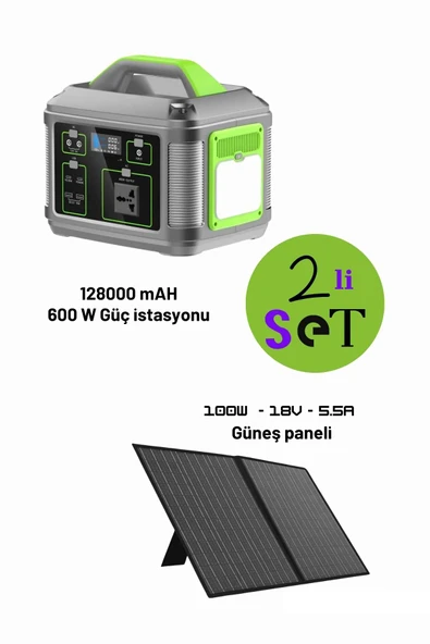 128.000 mAh 600 Watt Güç İstasyonu ve 100 Watt 18 Volt 5.5 Amper Güneş Paneli Tam Uyumlu İkili Set ürün görseli 1