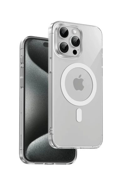 Fuchsia iPhone 15 Pro Max ile Uyumlu Manyetik Şarj Destekleyen Şeffaf Crystal Kılıf ürün görseli 1