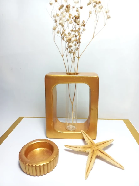 Kuru Çiçeklik Vazo, Antiquity Gold (Dikdörtgen Model ) Cam Tüplü Dekoratif ürün görseli 1