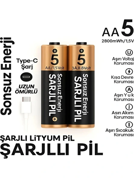 Type-C Şarjlı 2800MWH 1.5V Şarj Edilebilir 2'li AA5 Kalın Pil - Lityum Iyon Batarya ürün görseli 1