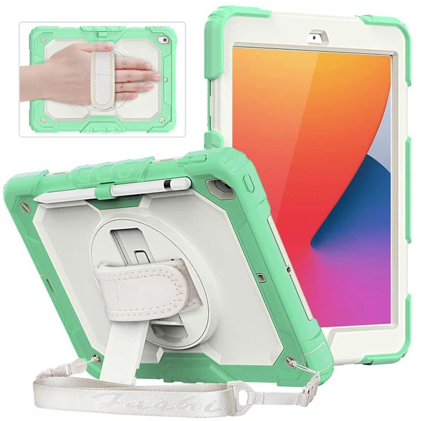 iPad 2019/2020 10.2" 7. 8. Nesil Strap, Kalemlikli Tablet Kılıfı Darbeye Dayanıklı Askılı 360° Kılıf ürün görseli 1