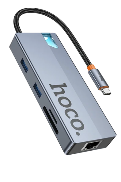 Hoco. HB52 Wow 8in1 100W PD 100 Mbps Ethernet 4K Hub Dönüştürücü - Gri ürün görseli 1