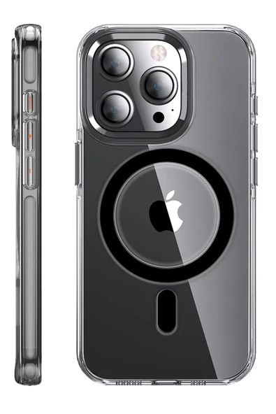 Fuchsia iPhone 14 Pro ile Uyumlu Kılıf Crystal Kablosuz Şarj Özellikli Kapak - Siyah ürün görseli 1