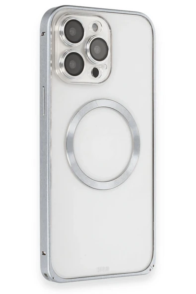 Fuchsia iPhone 15 Pro Max ile Uyumlu Kılıf Metal Bumper Magneticsafe Kapak - Gri ürün görseli 1