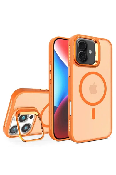 Fuchsia iPhone 16 ile Uyumlu Flet Lens Kablosuz Şarj Özellikli Kapak - Turuncu ürün görseli 1