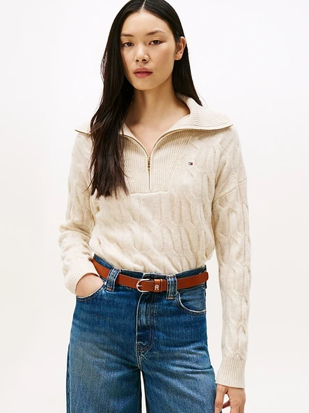 Tommy Hilfiger   SOFT WOOL CABLE 1/2 ZIP LS SWT Kadın Bej Sweatshirt - WW0WW46425 ürün görseli 1