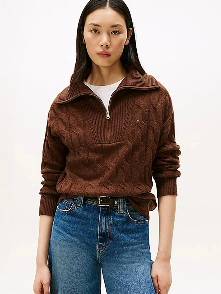 Tommy Hilfiger   SOFT WOOL CABLE 1/2 ZIP LS SWT Kadın Kahverengi Sweatshirt - WW0WW46425 ürün görseli 1