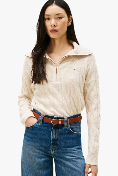 Tommy Hilfiger   SOFT WOOL CABLE 1/2 ZIP LS SWT Kadın Bej Sweatshirt - WW0WW46425 ürün görseli 1