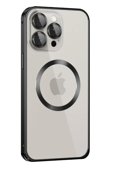 Fuchsia iPhone 15 Pro Max ile Uyumlu Kılıf Metal Bumper Magneticsafe Kapak - Siyah ürün görseli 1
