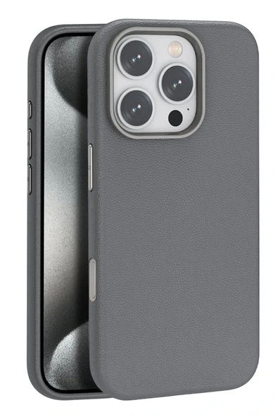 Fuchsia iPhone 16 Pro Max ile Uyumlu Wonder Deri Kablosuz Şarj Özellikli Kapak - Titan Gri ürün görseli 1