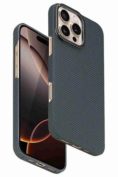 Fuchsia iPhone 16 Pro Max ile Uyumlu Manyetik Şarj Özellikli Lens Standlı Kevlar Telefon Kılıfı ürün görseli 1