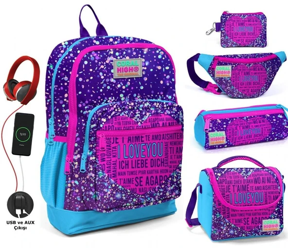 Coral High Mor Mavi Kalp USB Soketli Beşli Okul Çantası Seti - Kız Çocuk ürün görseli 1