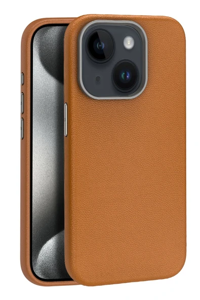Fuchsia iPhone 15 ile Uyumlu Kılıf Wonder Deri Kablosuz Şarj Özellikli Kapak - Kahverengi ürün görseli 1