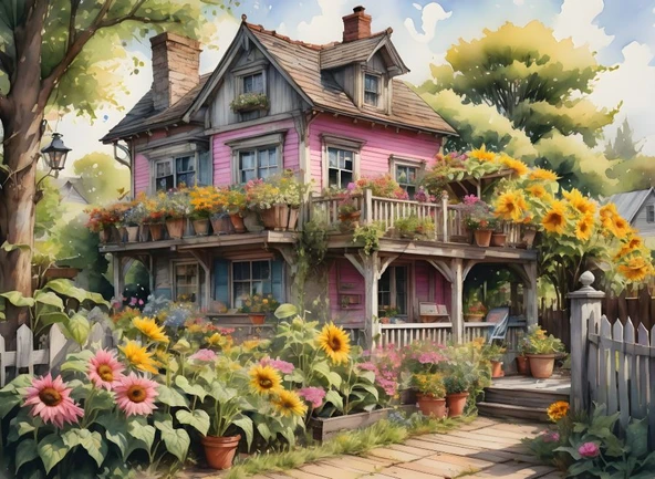 Nova Puzzle 1000 Parça Ayçiçekli Pembe Ahşap Ev Puzzle - Pembe Köy Evi ürün görseli 1