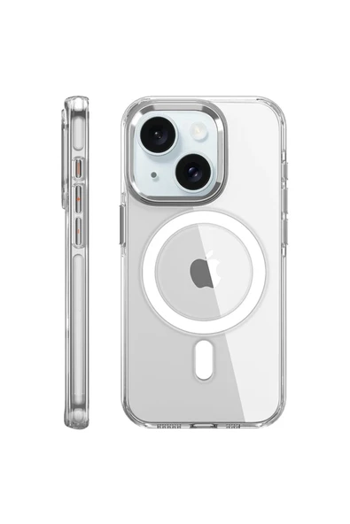 Fuchsia iPhone 15 Pro ile Uyumlu Kılıf Crystal Kablosuz Şarj Özellikli Kapak - Şeffaf ürün görseli 1