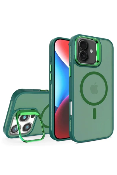Fuchsia iPhone 16 Plus ile Uyumlu Flet Lens Kablosuz Şarj Özellikli Kapak - Koyu Yeşil ürün görseli 1