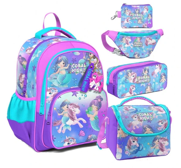 Coral High Mor Pembe Unicorn Desenli Kız Çocuk Beşli Okul Çanta Seti - İlkokul ve Ortaokul İçin Uygun ürün görseli 1