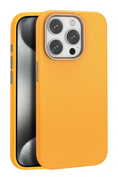 Fuchsia iPhone 15 Pro ile Uyumlu Kılıf Wonder Deri Kablosuz Şarj Özellikli Kapak - Turuncu ürün görseli 1