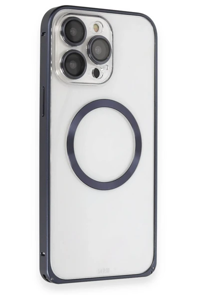 Fuchsia iPhone 15 Pro Max ile Uyumlu Kılıf Metal Bumper Magneticsafe Kapak - Lacivert ürün görseli 1