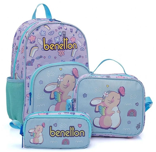 Benetton Turkuaz Mor Tavşan Baskılı Kız Çocuk Okul Çanta Seti 21033 ürün görseli 1