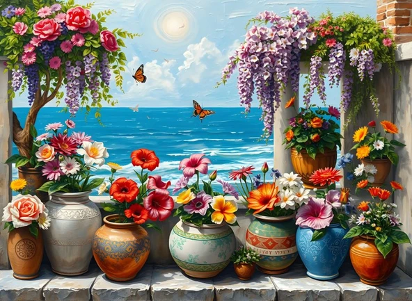 Nova Puzzle 1000 Parça Çiçekli Balkondan Deniz Manzarası Puzzle - Saksıda Renkli Çiçekler ürün görseli 1