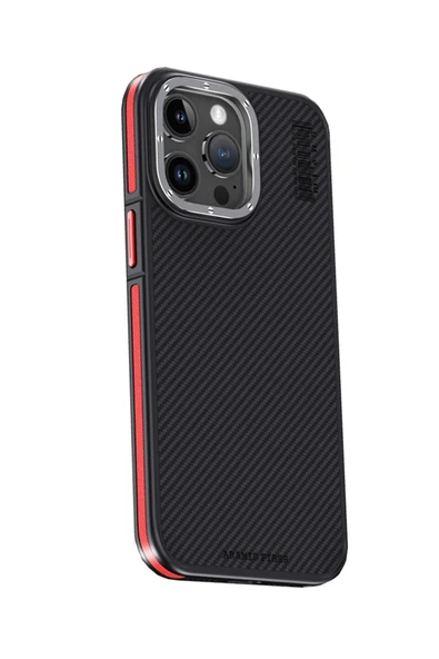 Fuchsia iPhone 15 Pro ile Uyumlu Kılıf Aramid 600D Kevlar Karbon Fiber Kablosuz Şarj Özellikli Kapak - Kırmızı ürün görseli 1