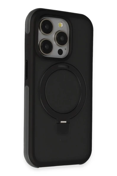 Fuchsia iPhone 15 Pro ile Uyumlu Zorda Airbag Kablosuz Şarj Özellikli Standlı Kapak - Siyah ürün görseli 1