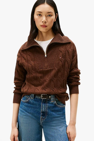 Tommy Hilfiger   SOFT WOOL CABLE 1/2 ZIP LS SWT Kadın Kahverengi Sweatshirt - WW0WW46425 ürün görseli 1