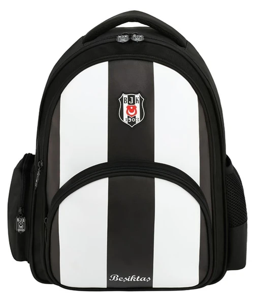 Beşiktaş Çubuklu Desenli Siyah Beyaz Suni Deri Okul Çantası - Üç Bölmeli - 25356 ürün görseli 1