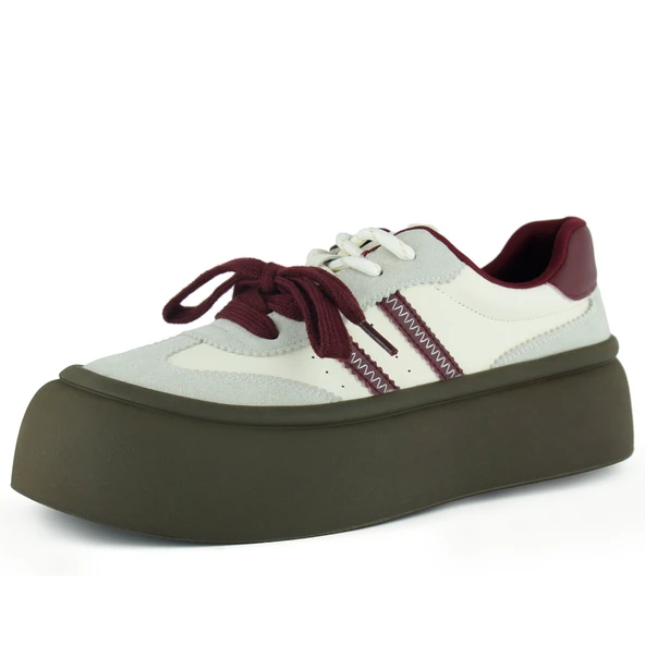 Erkan Saçmacı  Gri Bordo Vegan Çift Bağcıklı Yuvarlak Burun Flatform Taban Günlük Sneaker Spor Ayakkabı ürün görseli 1