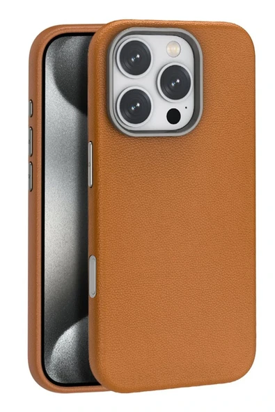 Fuchsia iPhone 16 Pro Max ile Uyumlu Wonder Deri Kablosuz Şarj Özellikli Kapak - Kahverengi ürün görseli 1