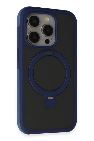 Fuchsia iPhone 15 Pro Max ile Uyumlu Zorda Airbag Kablosuz Şarj Özellikli Standlı Kapak - Lacivert ürün görseli 1