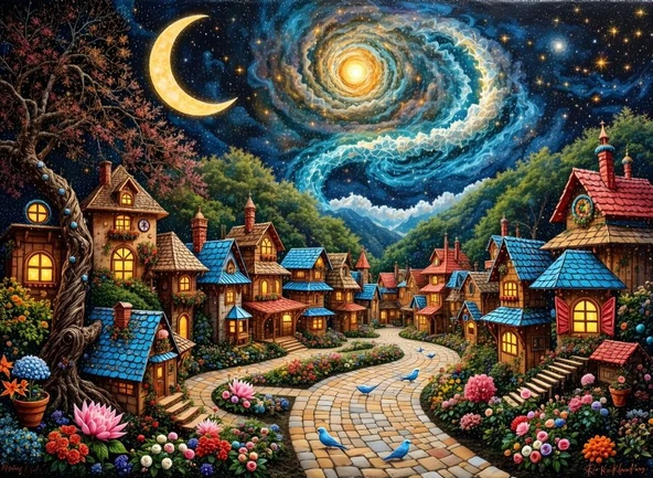 Nova Puzzle 1000 Parça Yıldızların Altındaki Masalsı Köy Puzzle - Fantastik ürün görseli 1