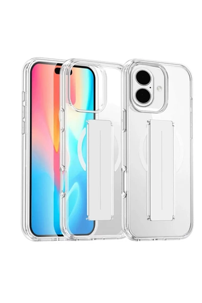 Fuchsia iPhone 16 ile Uyumlu Kılıf Alfa Kablosuz Şarj Özellikli Standlı Kapak - Şeffaf ürün görseli 1