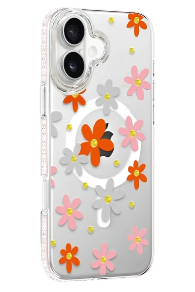 Fuchsia iPhone 16 ile Uyumlu Floral Kablosuz Şarj Özellikli Kapak - Turuncu ürün görseli 1