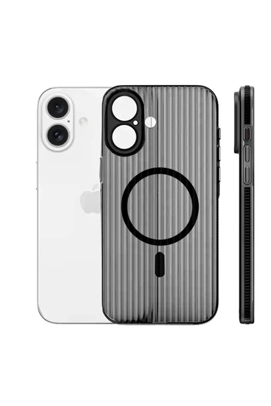 Fuchsia iPhone 16 ile Uyumlu Line Kablosuz Şarj Özellikli Kapak - Siyah ürün görseli 1