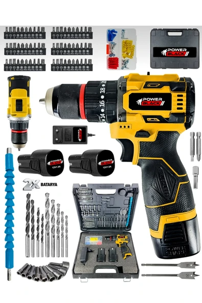 POWER BLACK 84 PARÇALI HEDİYELİ PROFESYONEL ÇELİK MANDREL 2 BATARYALI 1 ŞARJ CİHAZLI ürün görseli 1