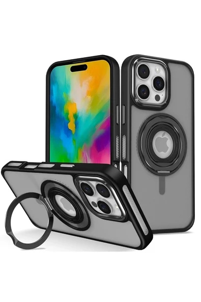 Fuchsia iPhone 16 Pro ile Uyumlu Banza Kablosuz Şarj Özellikli Standlı Kapak - Siyah ürün görseli 1
