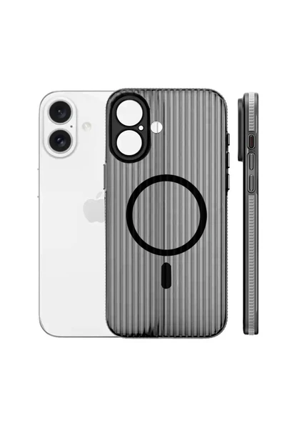 Fuchsia iPhone 16 ile Uyumlu Line Kablosuz Şarj Özellikli Kapak - Gri ürün görseli 1