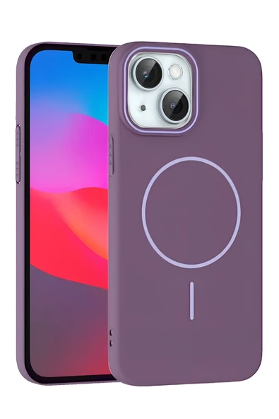 Fuchsia iPhone 15 ile Uyumlu Plus Broş Kablosuz Şarj Özellikli Kapak - Mor ürün görseli 1