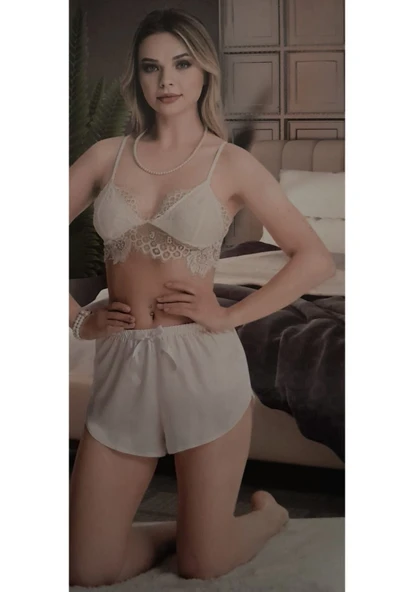 wMc Collection Dantelli Sütyen Şortlu Beyaz Saten Gecelik ürün görseli 1