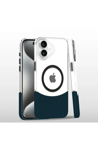 Fuchsia iPhone 16 ile Uyumlu Carbon Puzzle Kablosuz Şarj Özellikli Kapak - Yeşil ürün görseli 1